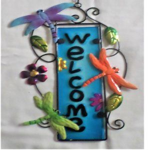 Indoor/outdoor WELCOME sign blue dragonflies